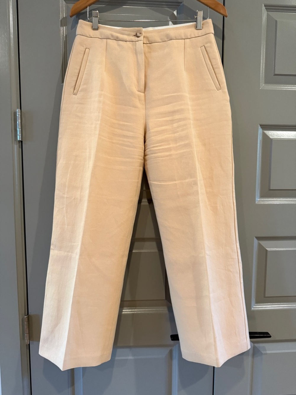 Sézane Martin Cropped Cream Trousers Linen Cotton Blend